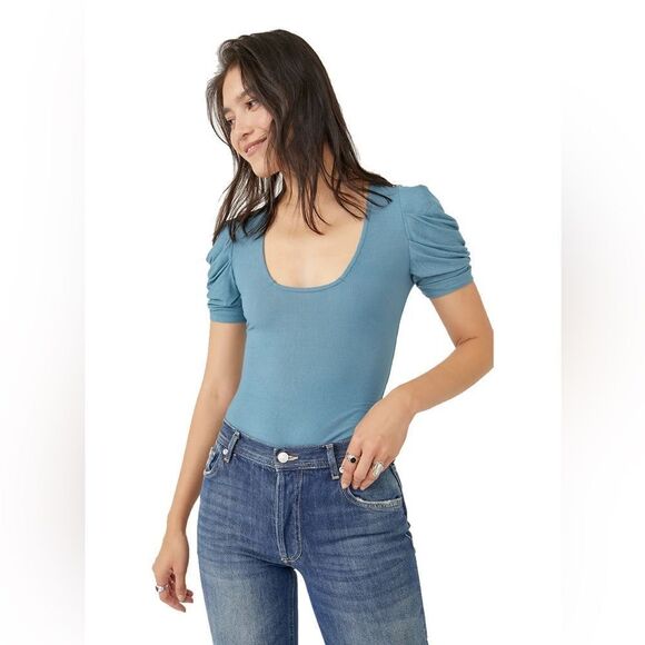 Free People So Fresh Puff Sleeve Bodysuit In Larkspur - Picture 1 of 4